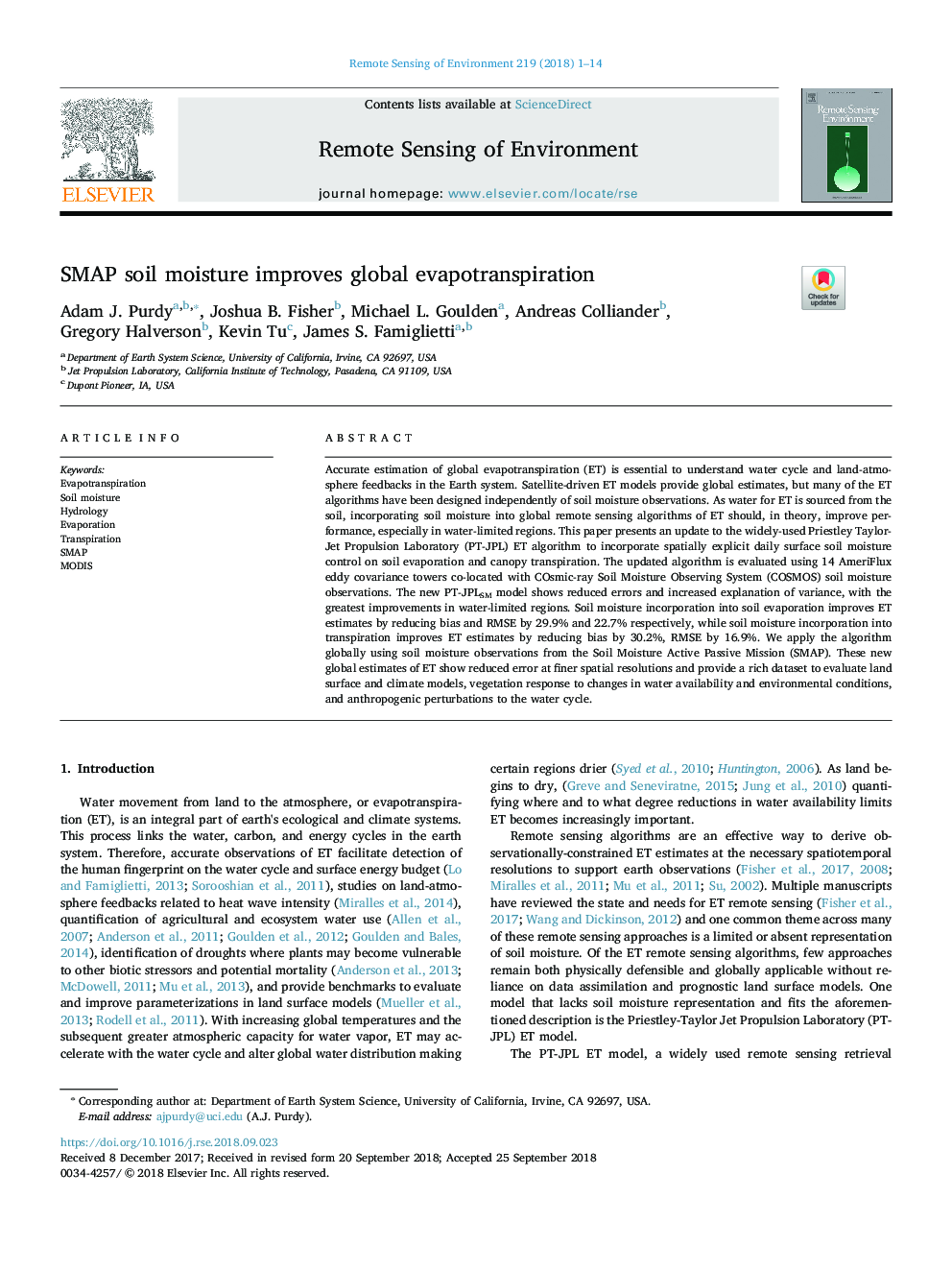 SMAP soil moisture improves global evapotranspiration