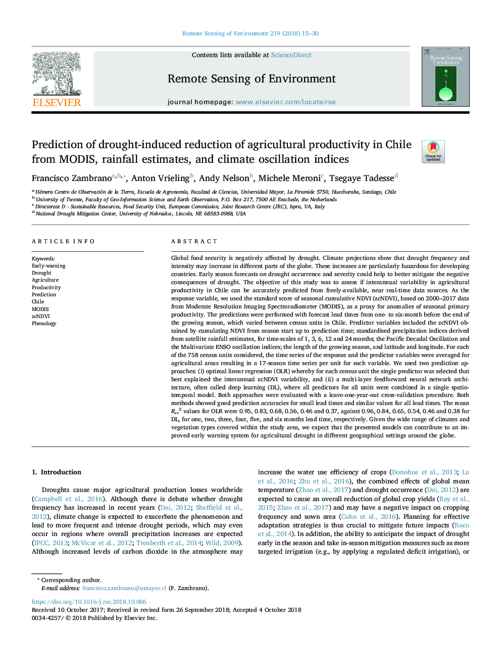 Prediction of drought-induced reduction of agricultural productivity in Chile from MODIS, rainfall estimates, and climate oscillation indices