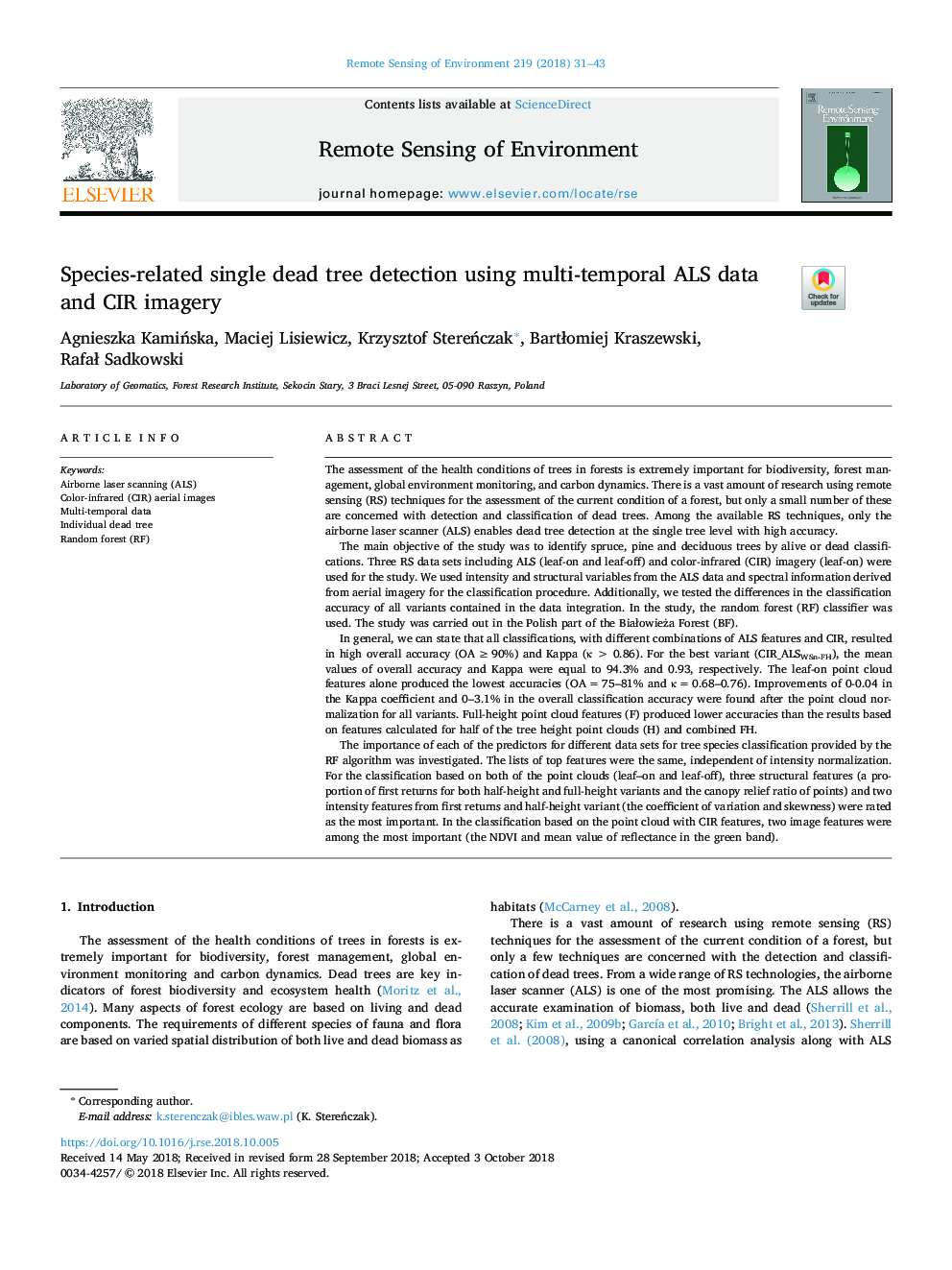 Species-related single dead tree detection using multi-temporal ALS data and CIR imagery