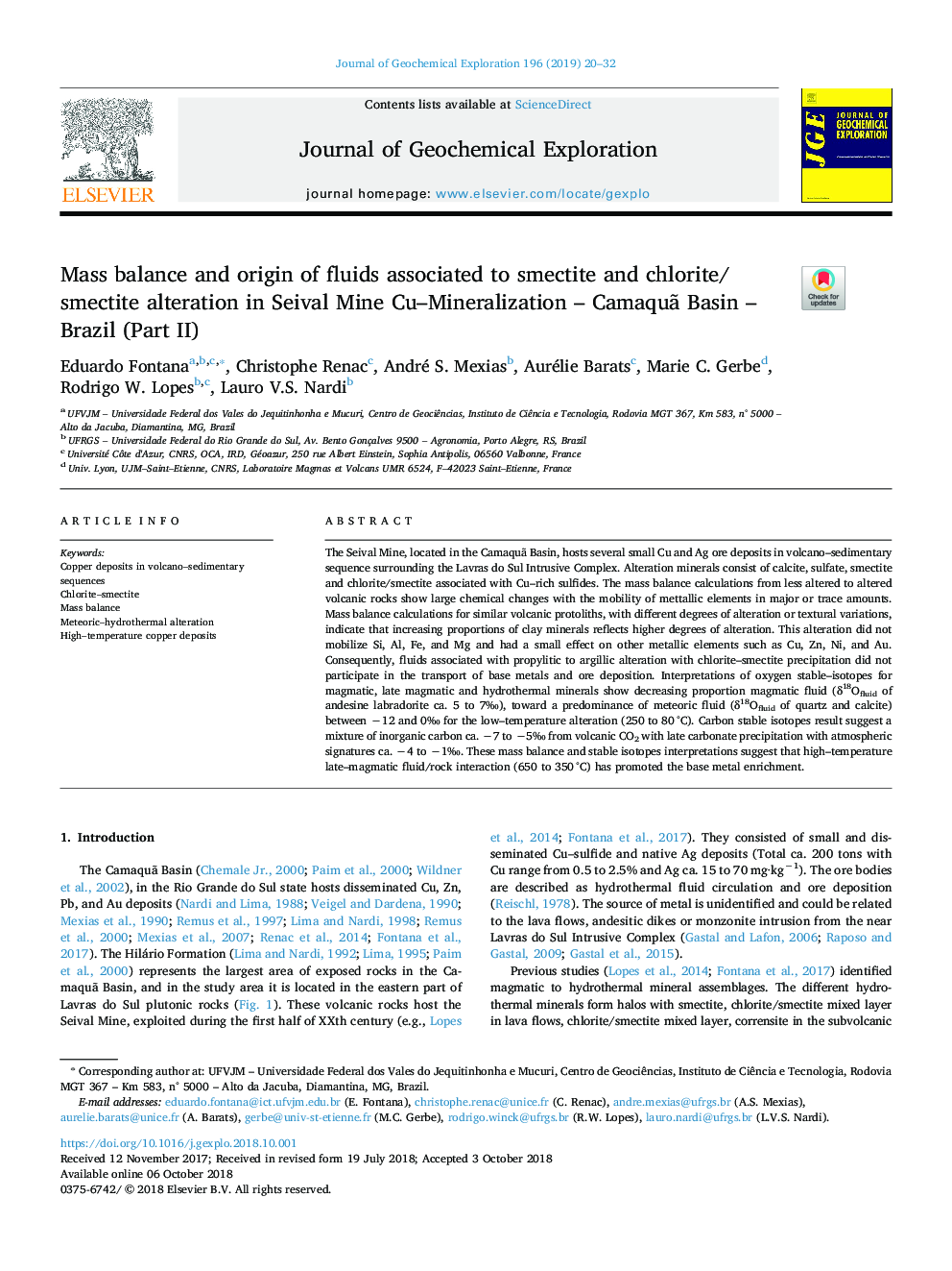 Mass balance and origin of fluids associated to smectite and chlorite/smectite alteration in Seival Mine Cu-Mineralization - CamaquÃ£ Basin - Brazil (Part II)