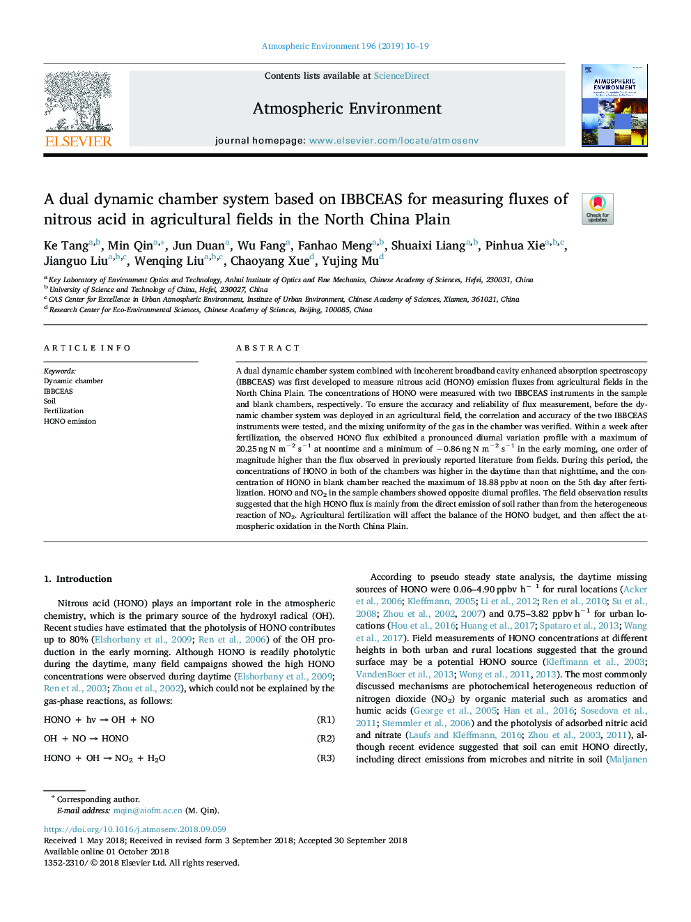 A dual dynamic chamber system based on IBBCEAS for measuring fluxes of nitrous acid in agricultural fields in the North China Plain