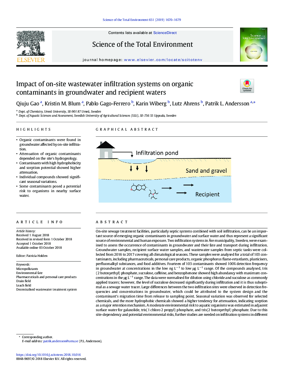 Impact of on-site wastewater infiltration systems on organic contaminants in groundwater and recipient waters