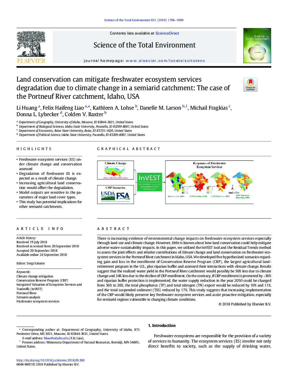 Land conservation can mitigate freshwater ecosystem services degradation due to climate change in a semiarid catchment: The case of the Portneuf River catchment, Idaho, USA