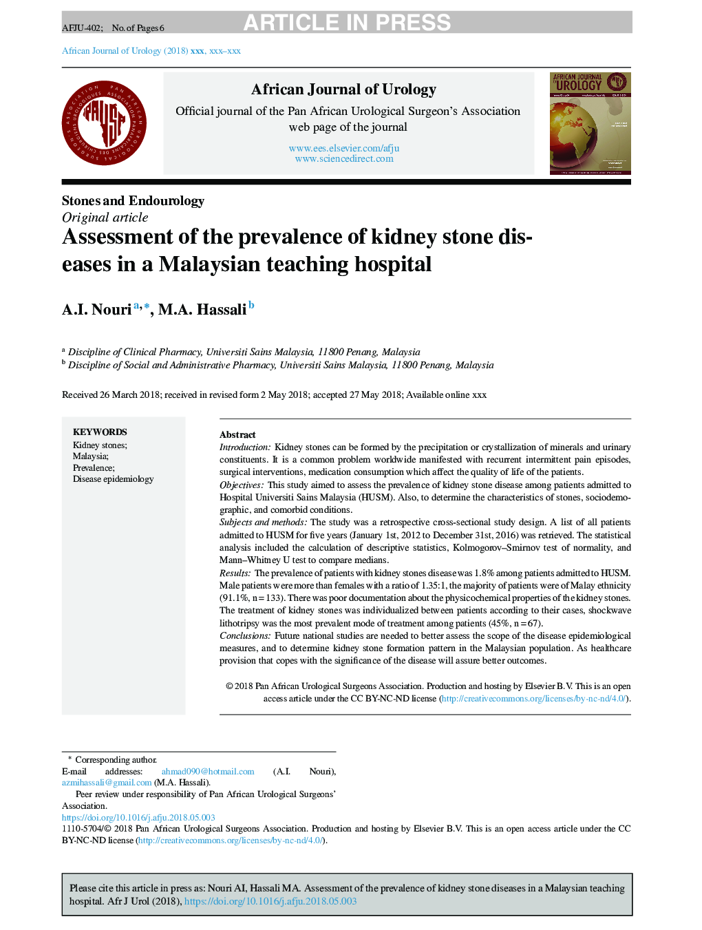 Assessment of kidney stone disease prevalence in a teaching hospital