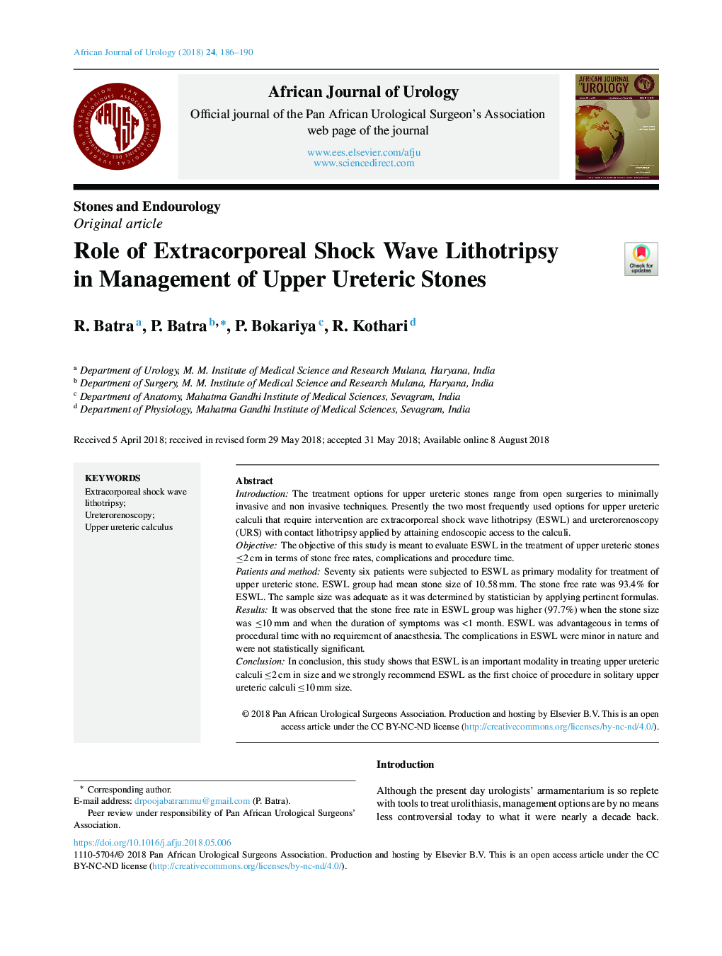 Role of Extracorporeal Shock Wave Lithotripsy in Management of Upper Ureteric Stones