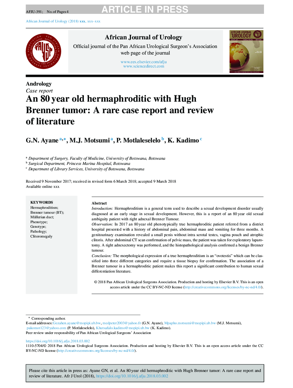 An 80Â year old hermaphroditic with Hugh Brenner Tumour: a Rare Case Report and Review