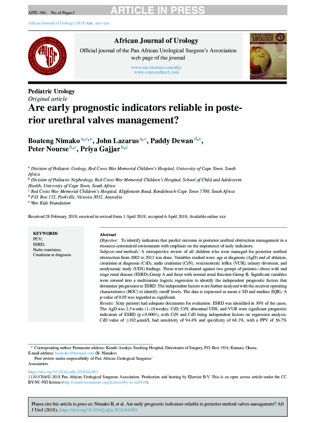 Are early prognostic indicators reliable in posterior urethral valves management?