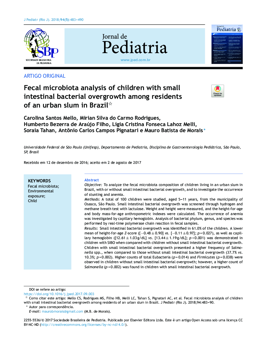 Fecal microbiota analysis of children with small intestinal bacterial overgrowth among residents of an urban slum in Brazil