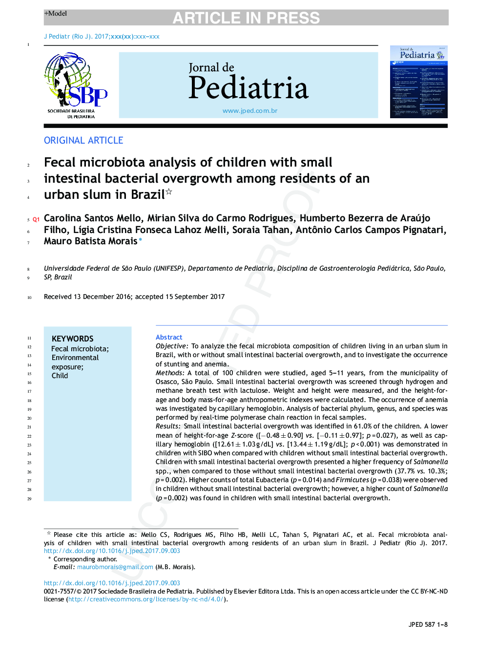 Fecal microbiota analysis of children with small intestinal bacterial overgrowth among residents of an urban slum in Brazil