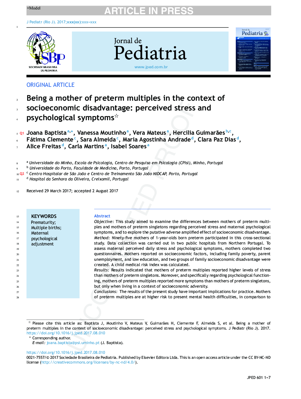 Being a mother of preterm multiples in the context of socioeconomic disadvantage: perceived stress and psychological symptoms