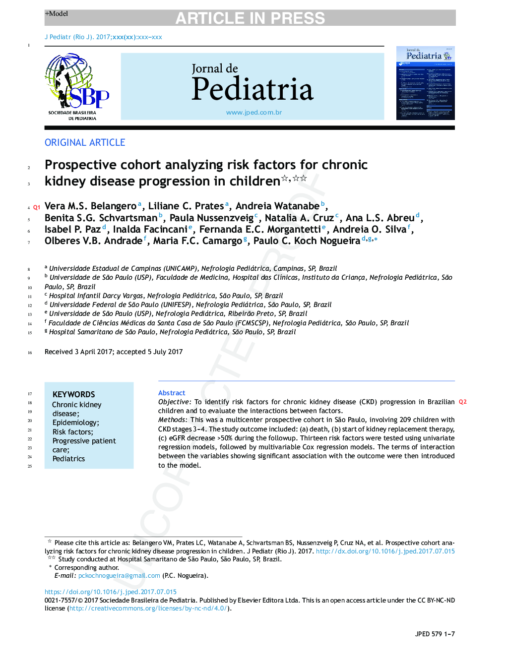 Prospective cohort analyzing risk factors for chronic kidney disease progression in children