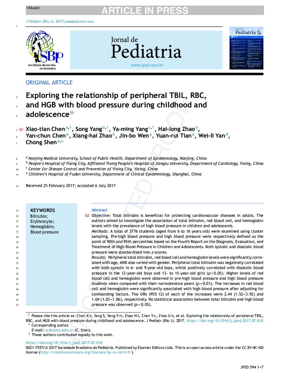 Exploring the relationship of peripheral total bilirubin, red blood cell, and hemoglobin with blood pressure during childhood and adolescence