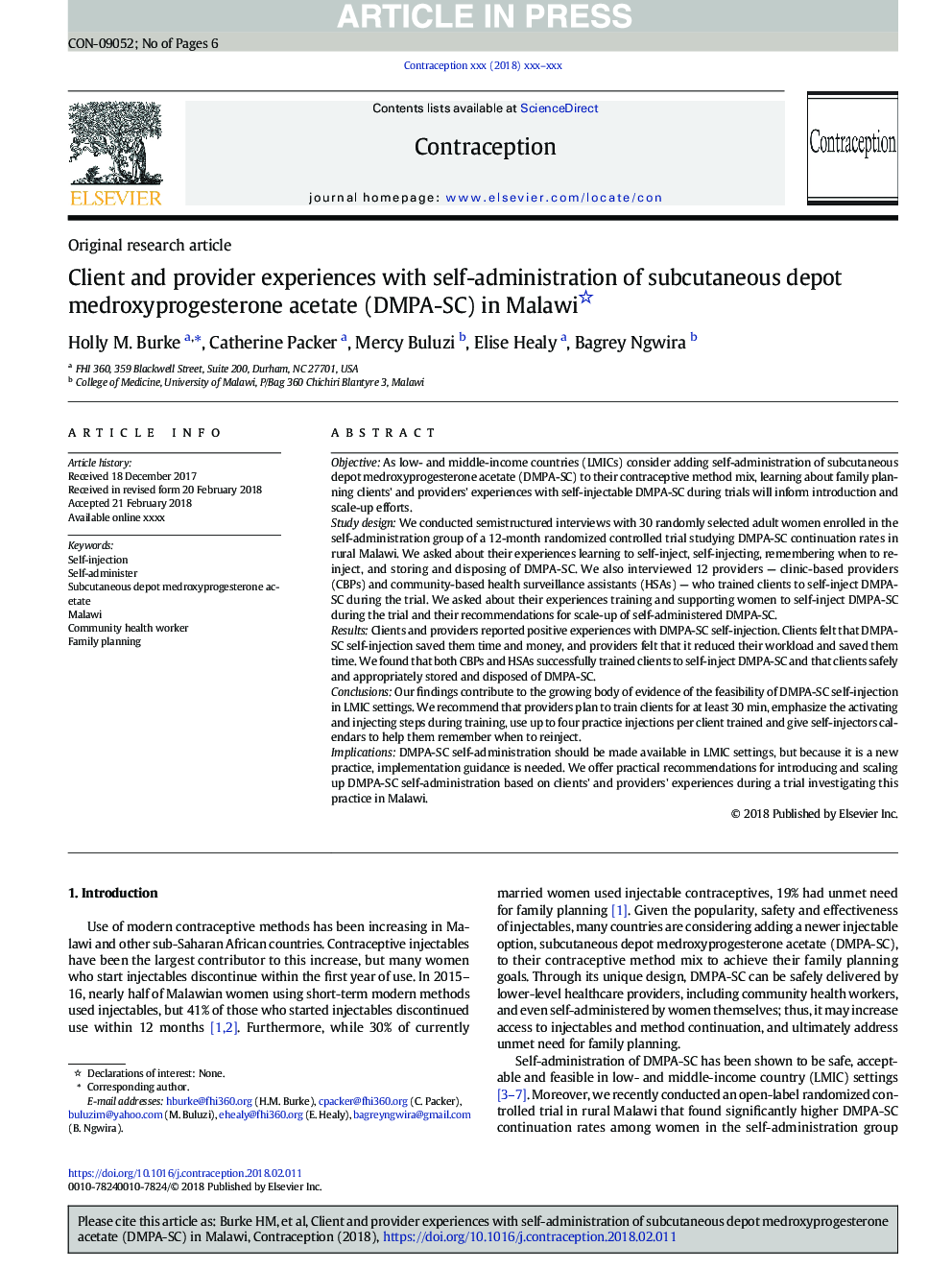 Client and provider experiences with self-administration of subcutaneous depot medroxyprogesterone acetate (DMPA-SC) in Malawi