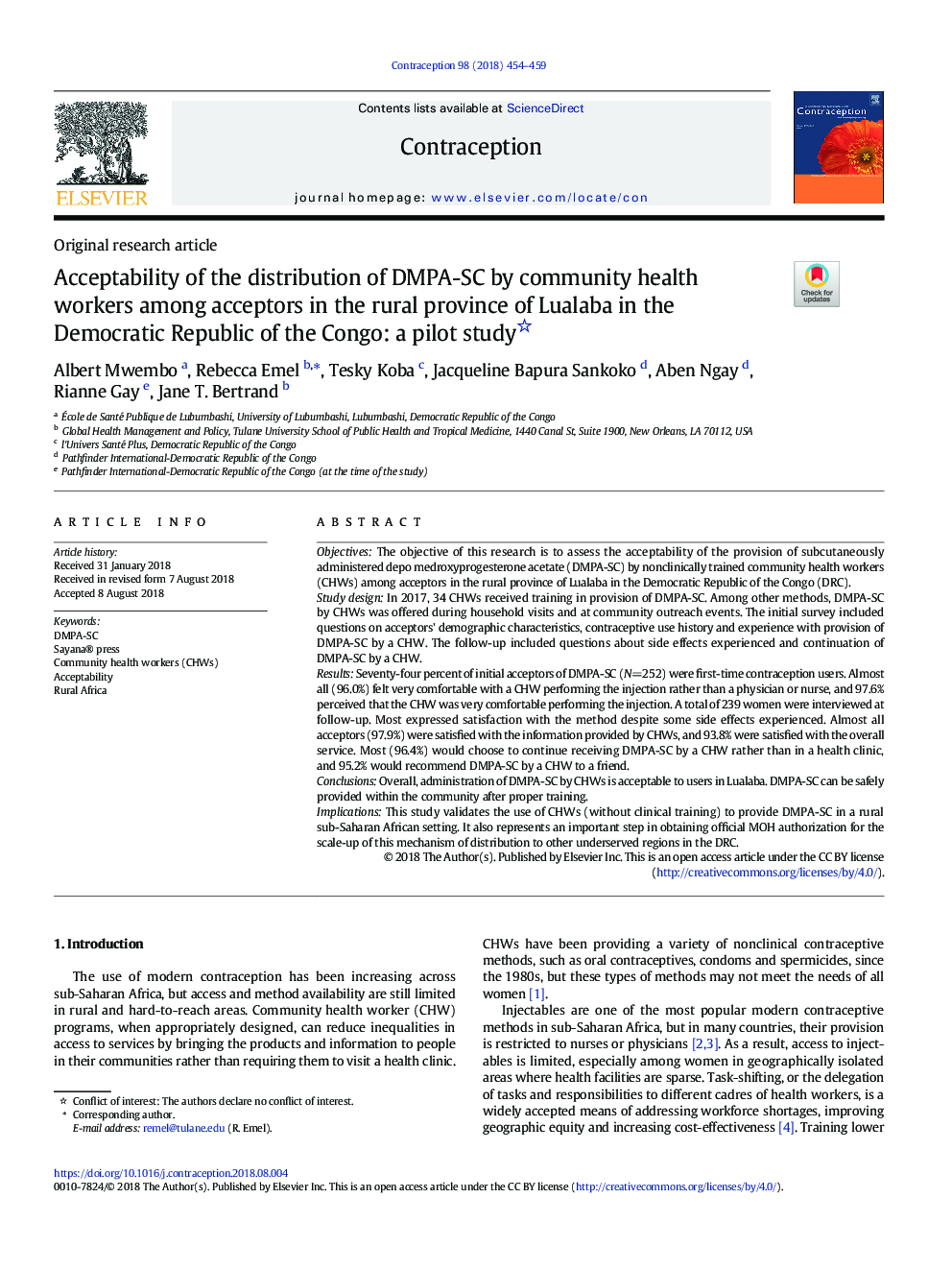 Acceptability of the distribution of DMPA-SC by community health workers among acceptors in the rural province of Lualaba in the Democratic Republic of the Congo: a pilot study