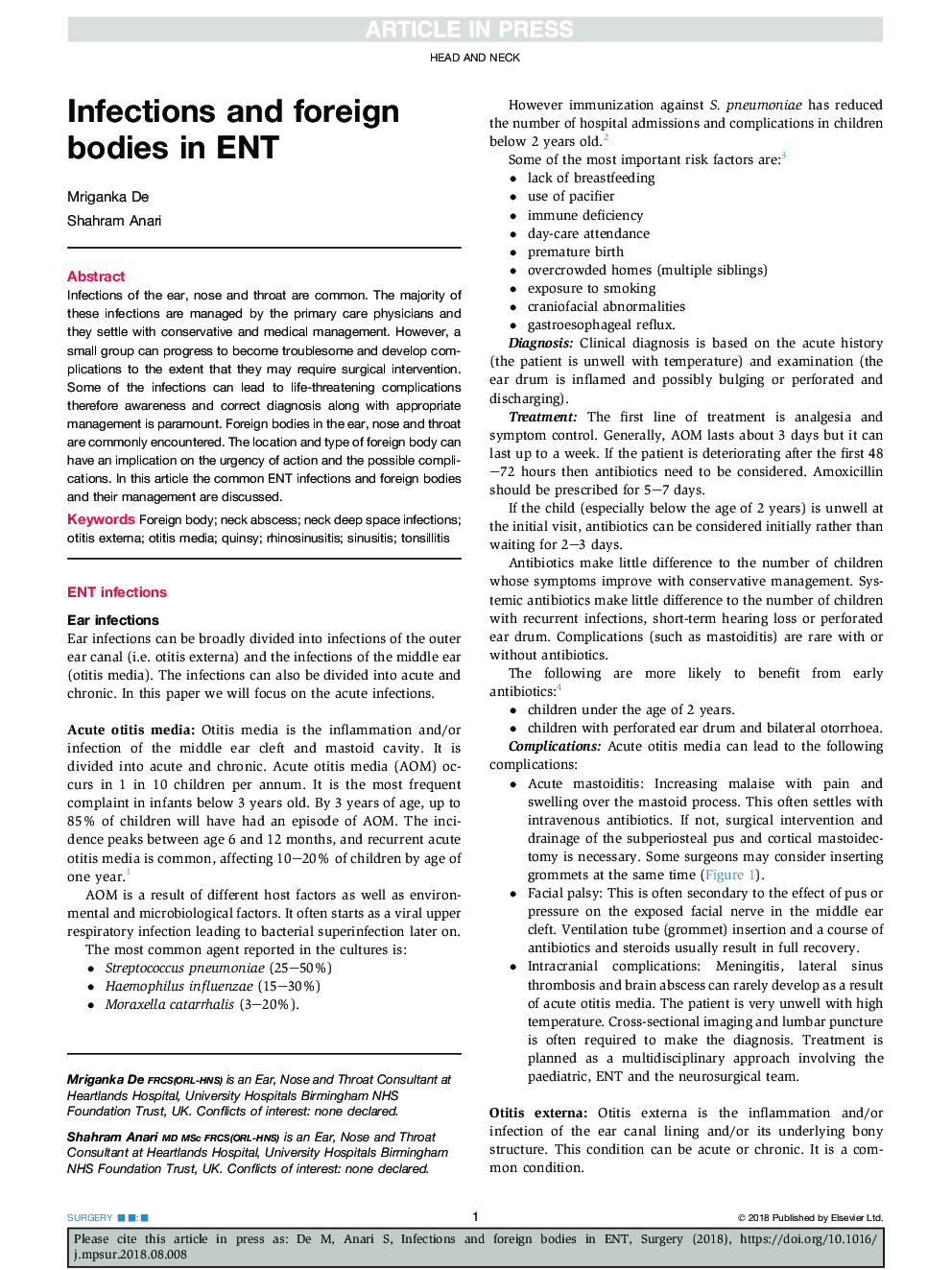 Infections and foreign bodies in ENT