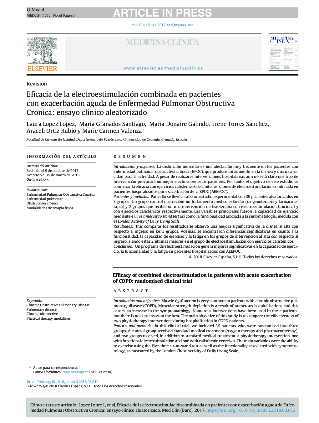 Eficacia de la electroestimulación combinada en pacientes con exacerbación aguda de enfermedad pulmonar obstructiva crónica: ensayo clÃ­nico aleatorizado