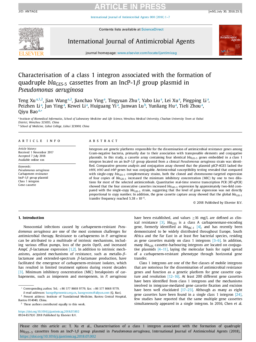 Characterisation of a class 1 integron associated with the formation of quadruple blaGES-5 cassettes from an IncP-1Î² group plasmid in Pseudomonas aeruginosa