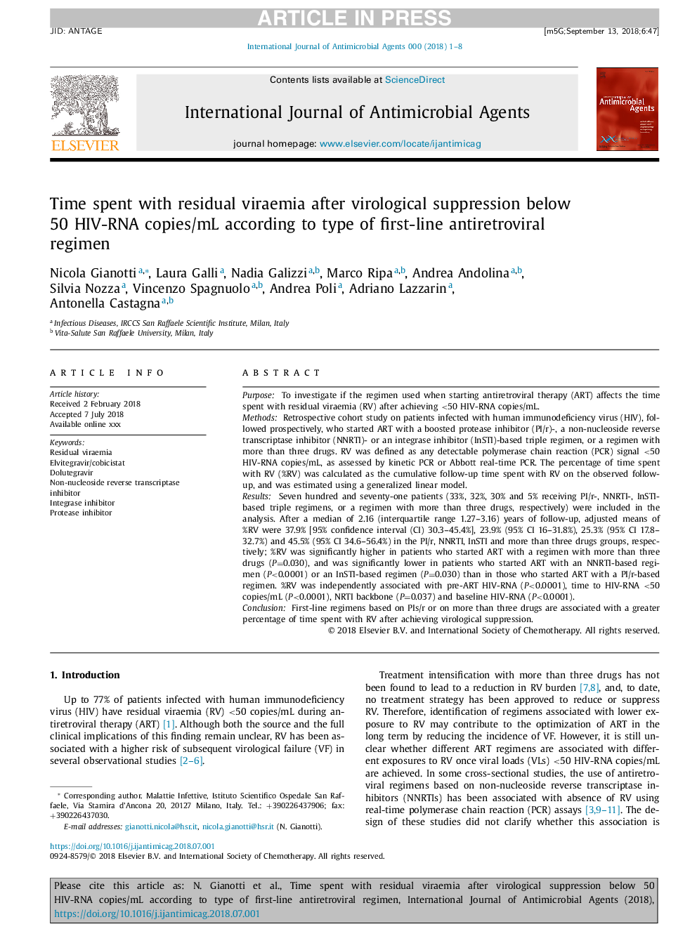 Time spent with residual viraemia after virological suppression below 50 HIV-RNA copies/mL according to type of first-line antiretroviral regimen