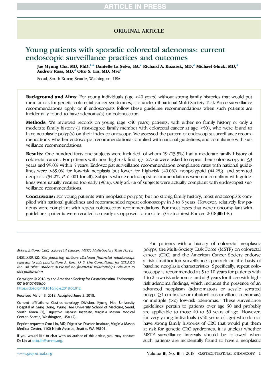 بیماران جوان مبتلا به آدنوم های کولورکتال پراکنده: عملکردهای نظارت بر آندوسکوپی فعلی و نتایج