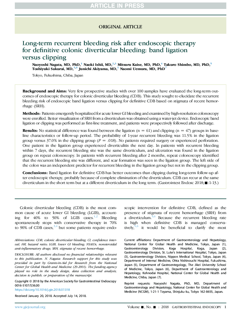 Long-term recurrent bleeding risk after endoscopic therapy forÂ definitive colonic diverticular bleeding: band ligation versusÂ clipping