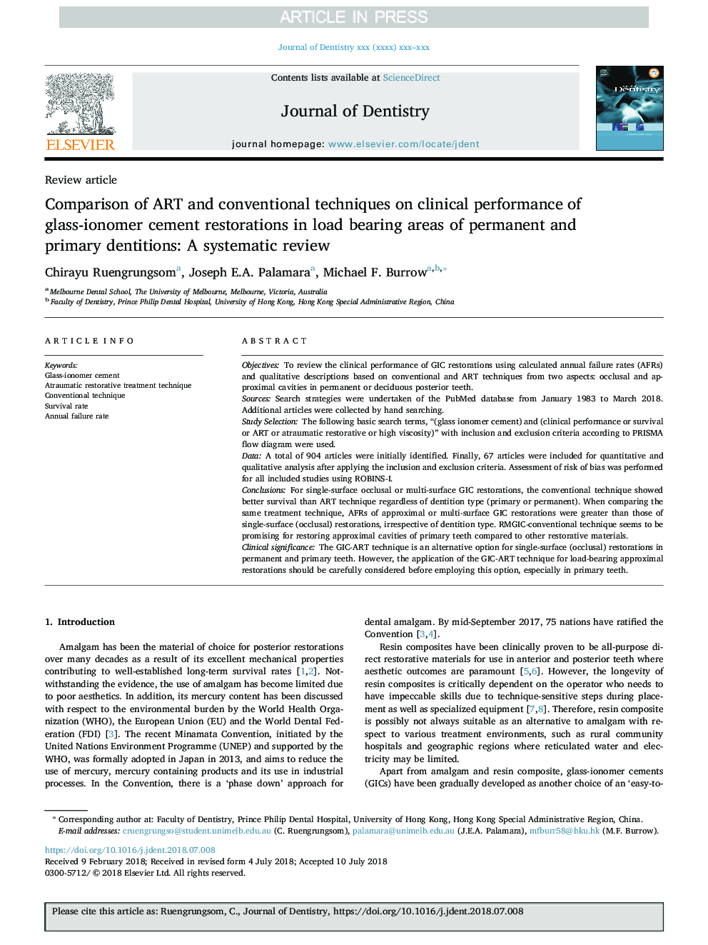 Comparison of ART and conventional techniques on clinical performance of glass-ionomer cement restorations in load bearing areas of permanent and primary dentitions: A systematic review