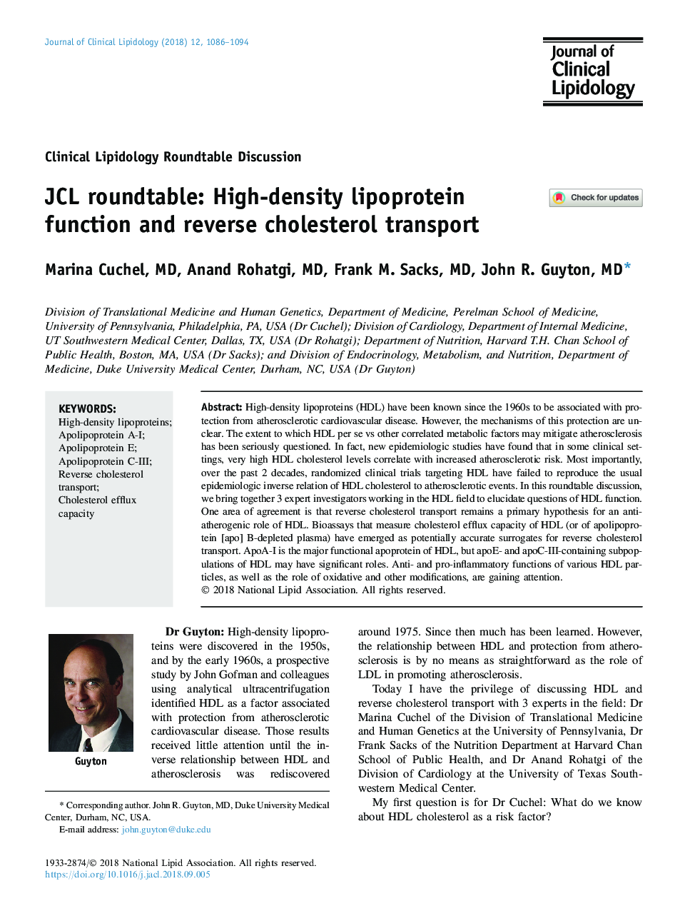 JCL roundtable: High-density lipoprotein function and reverse cholesterol transport