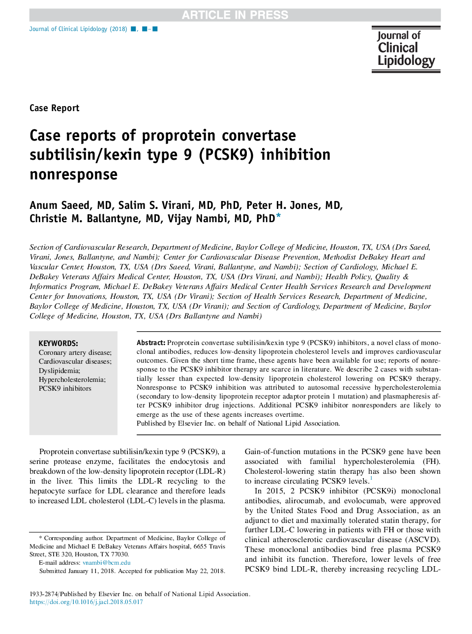 Case reports of proprotein convertase subtilisin/kexin type 9 (PCSK9) inhibition nonresponse