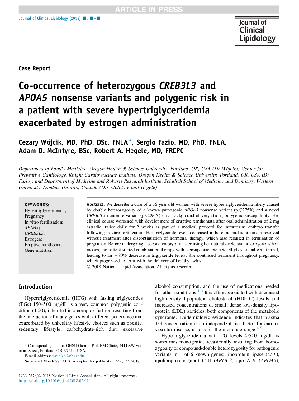 Co-occurrence of heterozygous CREB3L3 and APOA5 nonsense variants and polygenic risk in a patient with severe hypertriglyceridemia exacerbated by estrogen administration