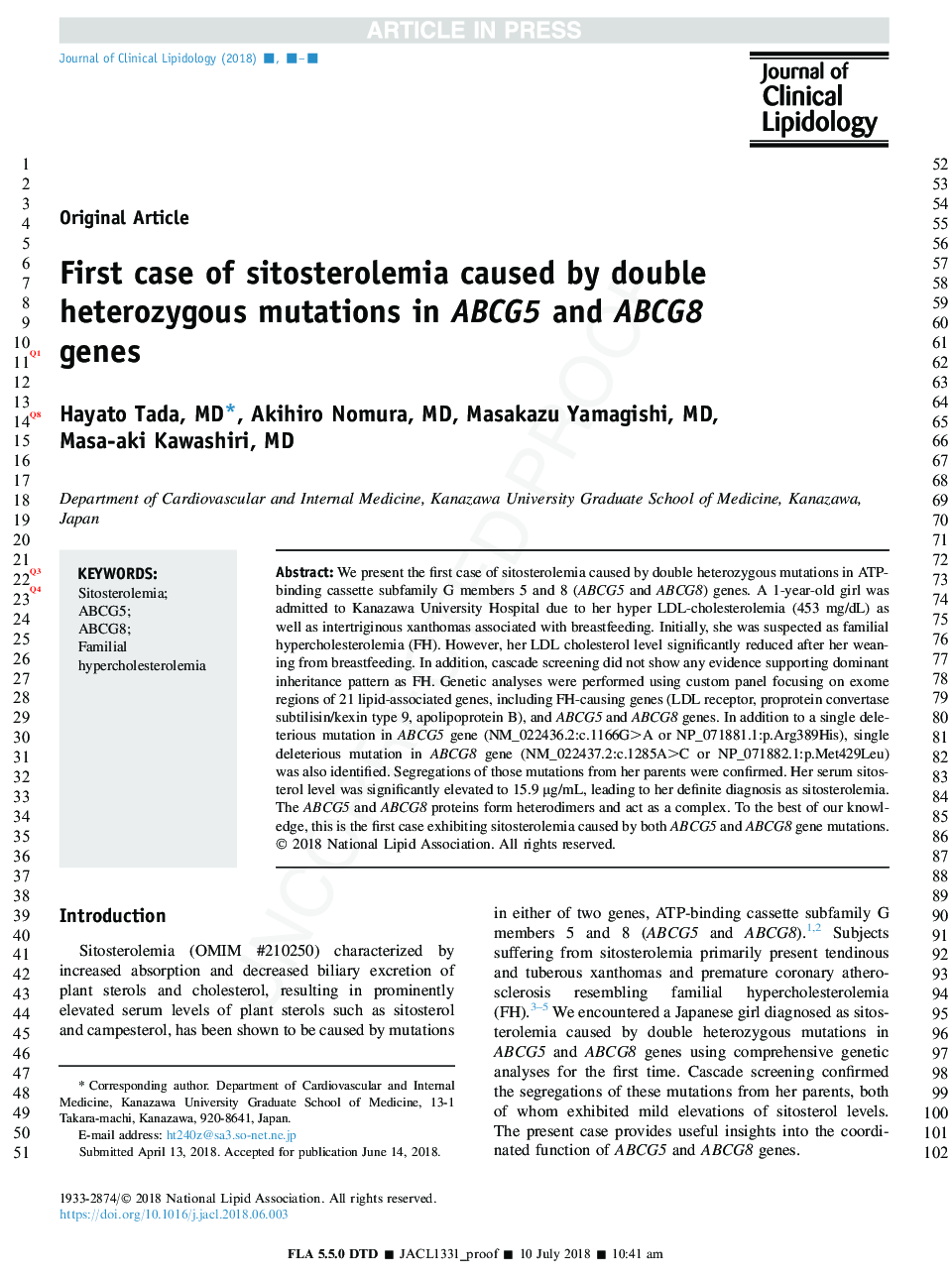 First case of sitosterolemia caused by double heterozygous mutations in ABCG5 and ABCG8 genes