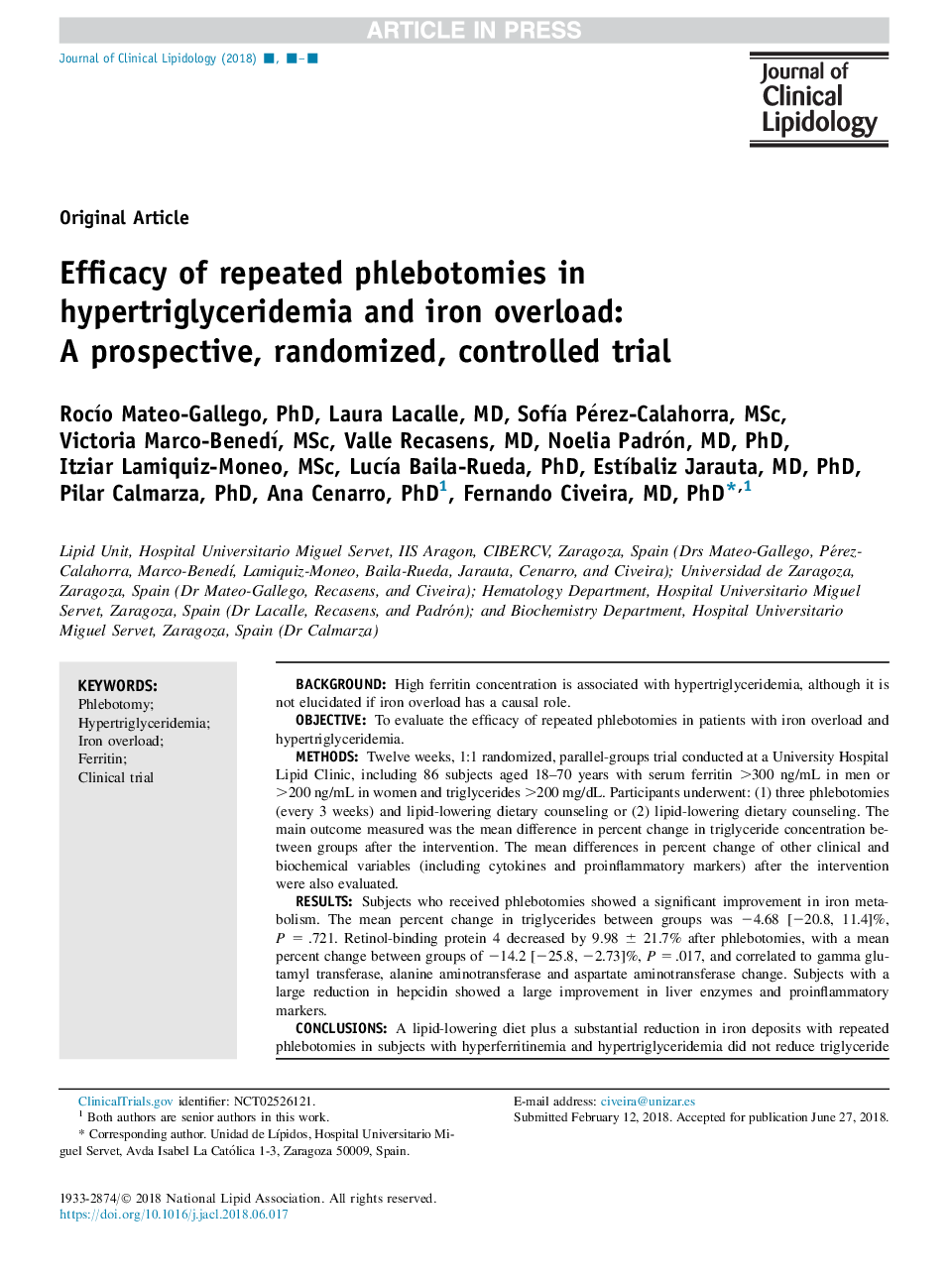 Efficacy of repeated phlebotomies in hypertriglyceridemia and iron overload: A prospective, randomized, controlled trial