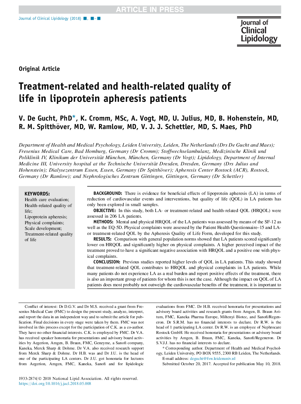 Treatment-related and health-related quality of life in lipoprotein apheresis patients