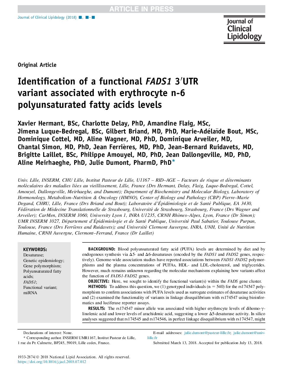 Identification of a functional FADS1 3â²UTR variant associated with erythrocyte n-6 polyunsaturated fatty acids levels
