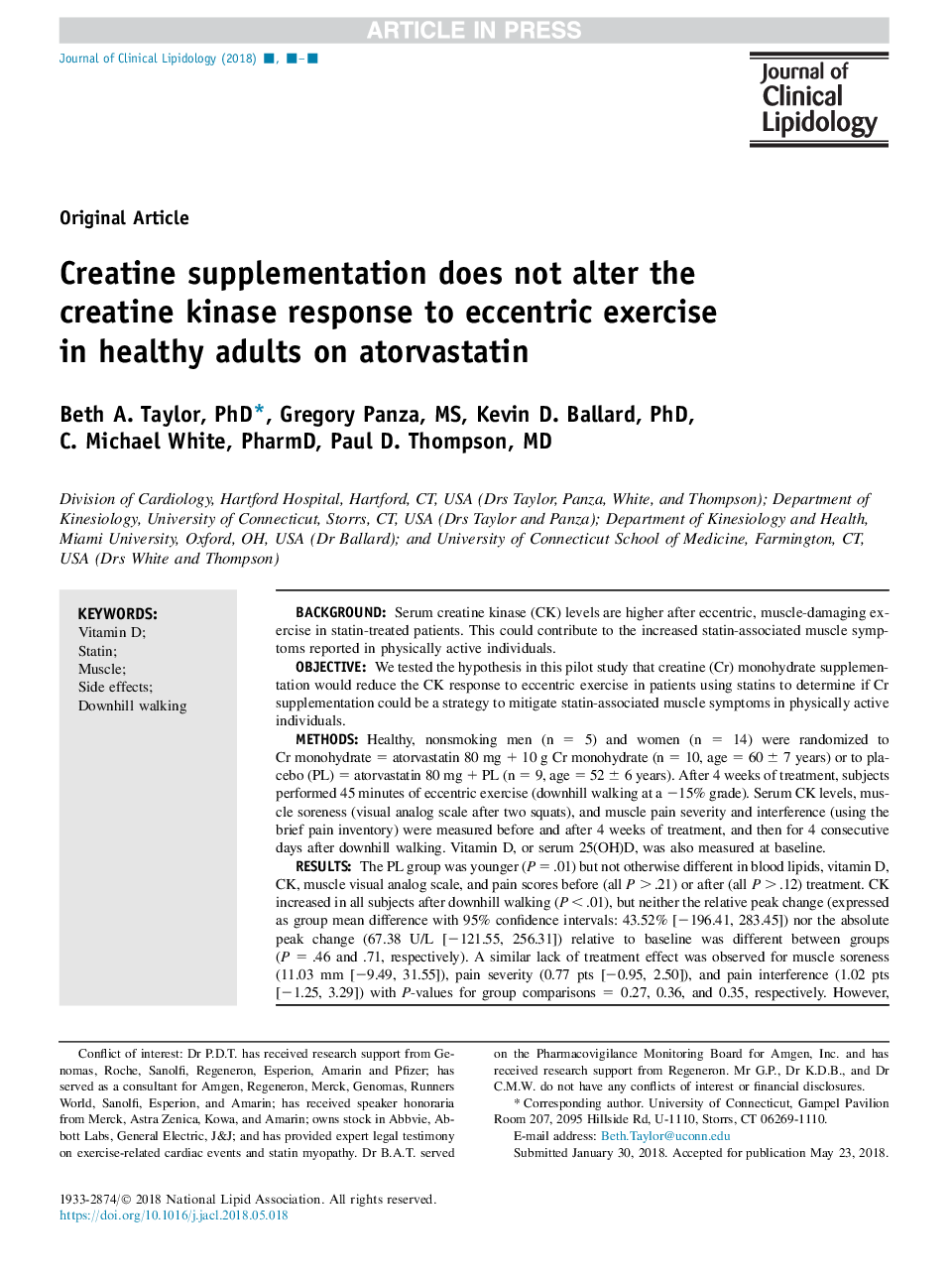 Creatine supplementation does not alter the creatine kinase response to eccentric exercise in healthy adults on atorvastatin