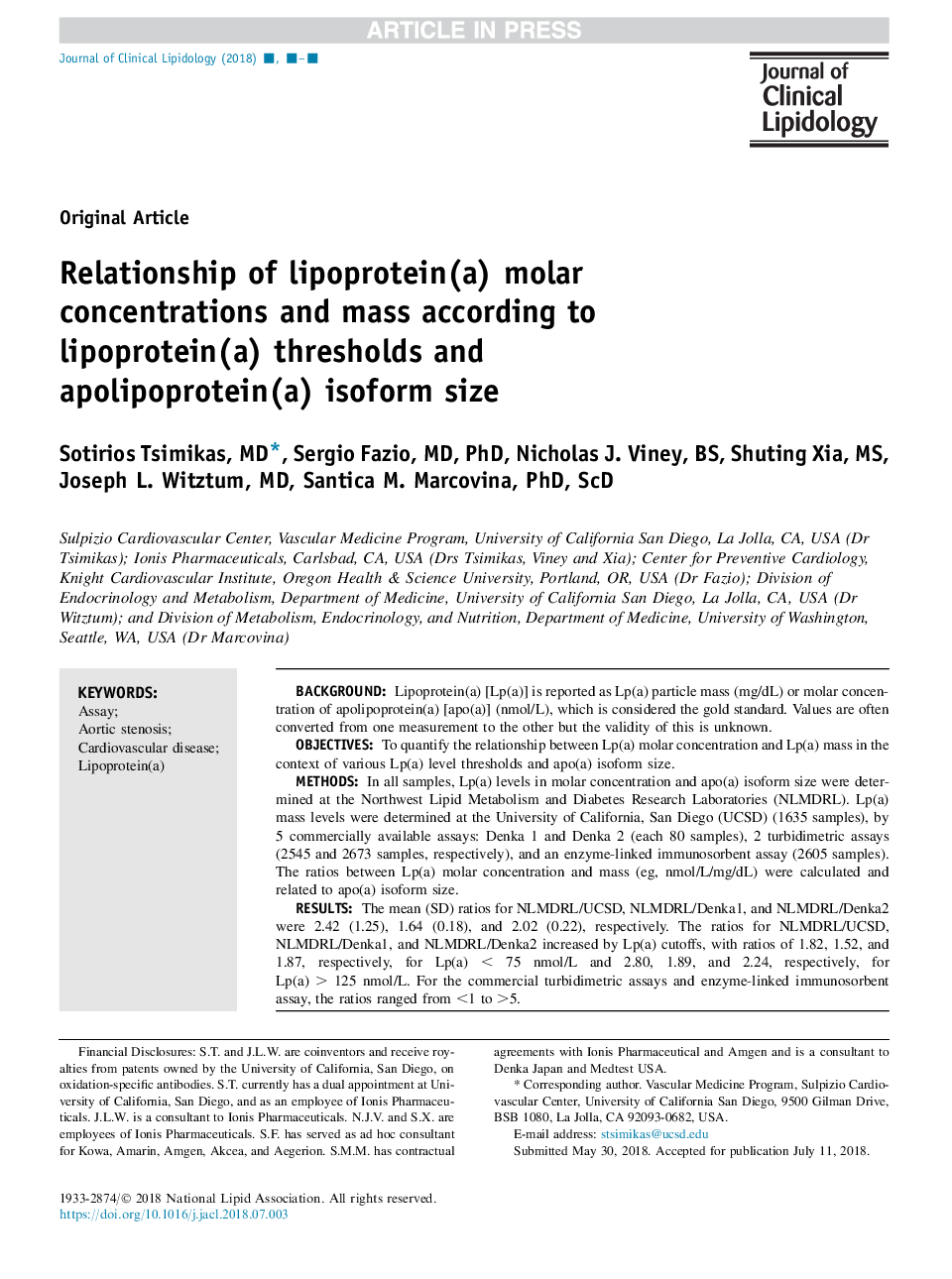 Relationship of lipoprotein(a) molar concentrations and mass according to lipoprotein(a) thresholds and apolipoprotein(a) isoform size