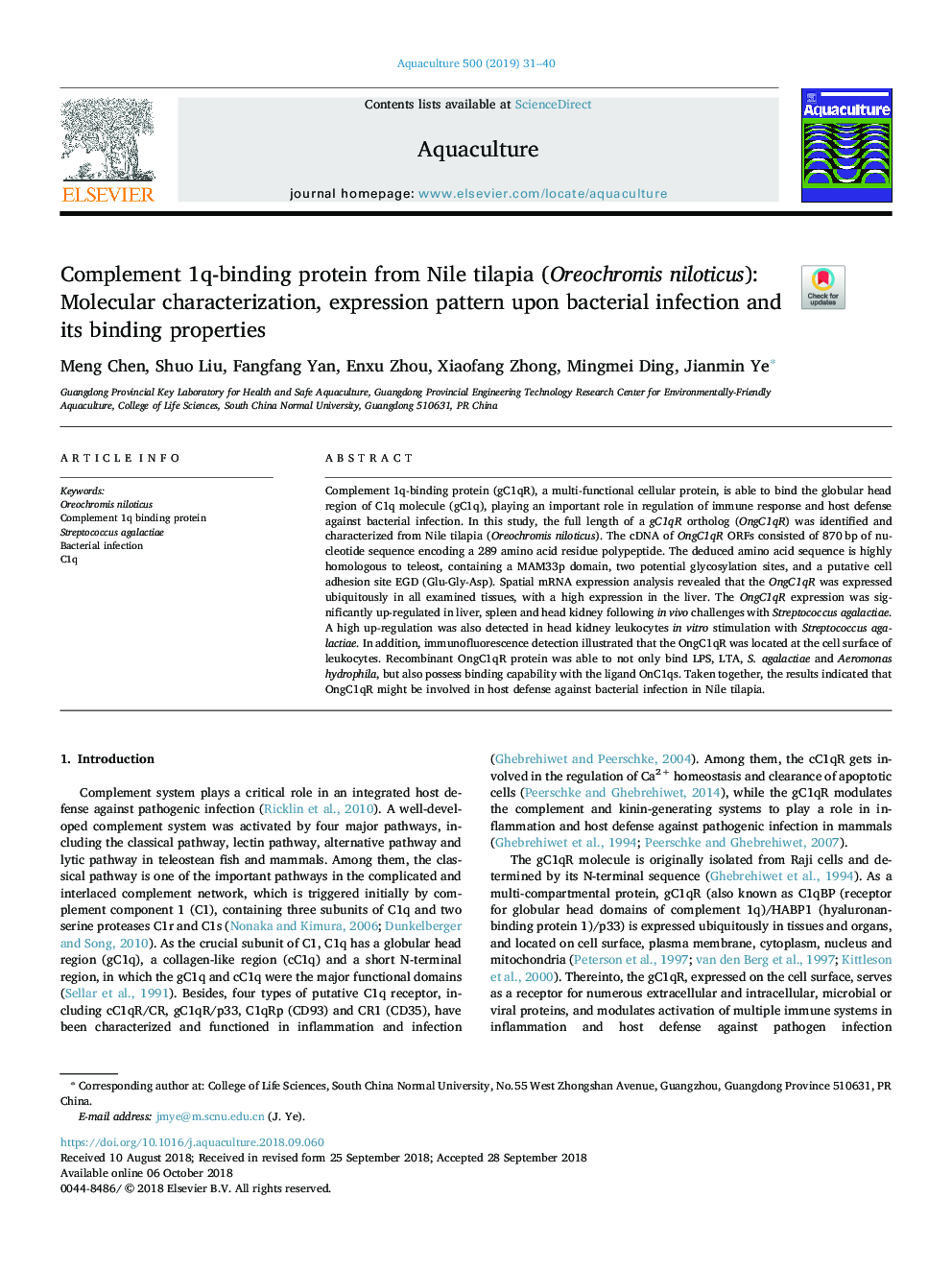 Complement 1q-binding protein from Nile tilapia (Oreochromis niloticus): Molecular characterization, expression pattern upon bacterial infection and its binding properties