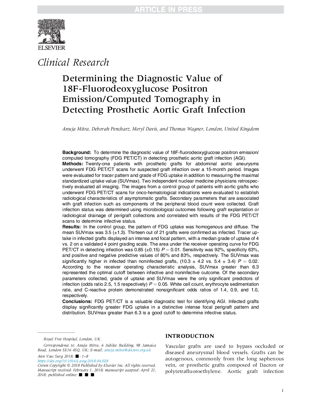 Determining the Diagnostic Value of 18F-Fluorodeoxyglucose Positron Emission/Computed Tomography in Detecting Prosthetic Aortic Graft Infection