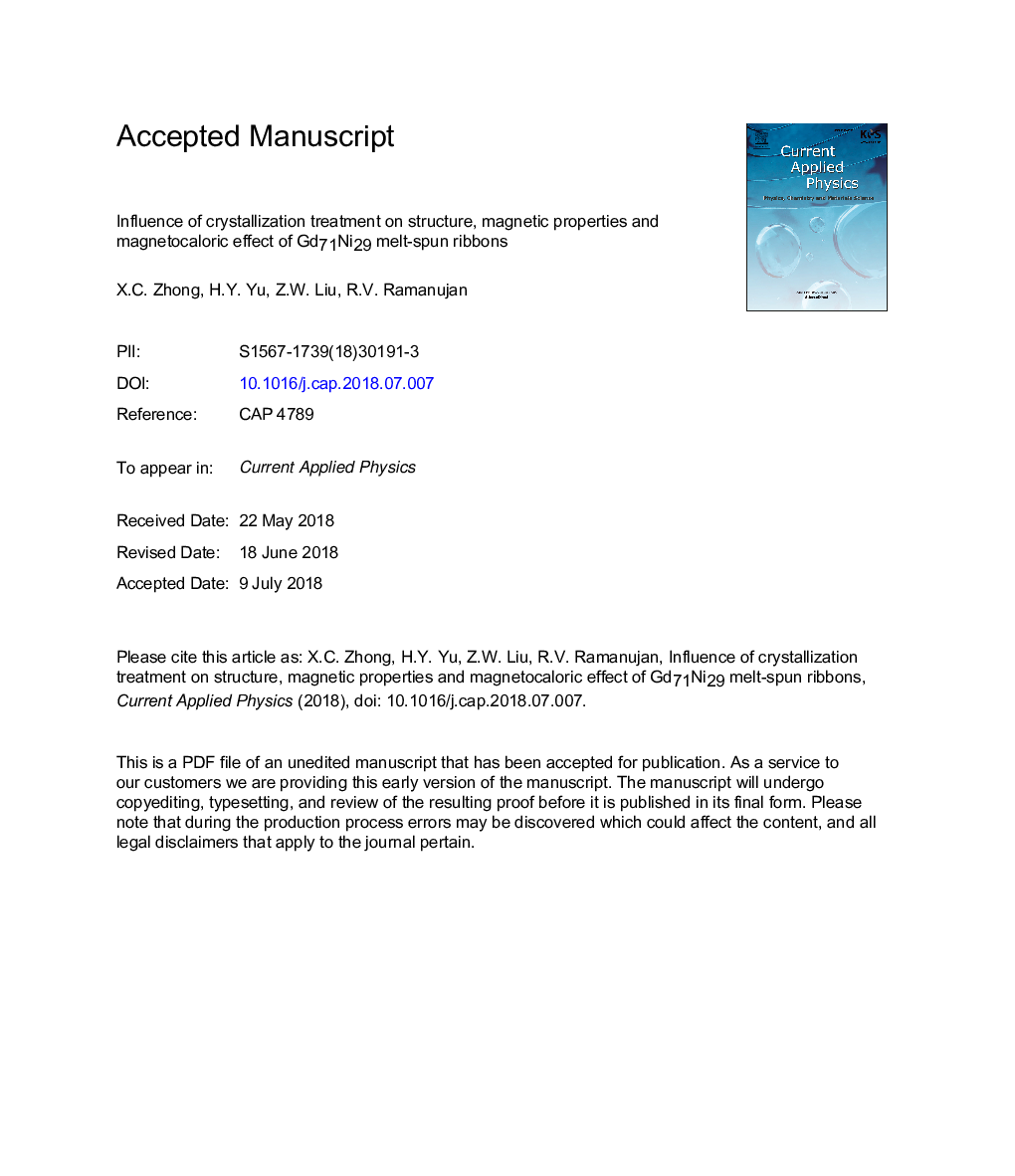 Influence of crystallization treatment on structure, magnetic properties and magnetocaloric effect of Gd71Ni29 melt-spun ribbons