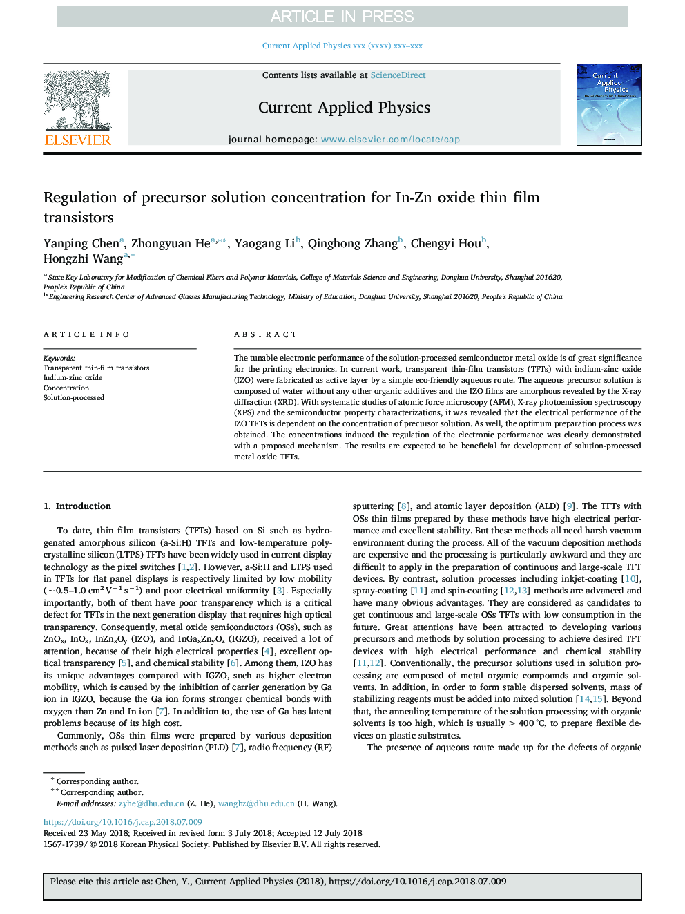 Regulation of precursor solution concentration for In-Zn oxide thin film transistors