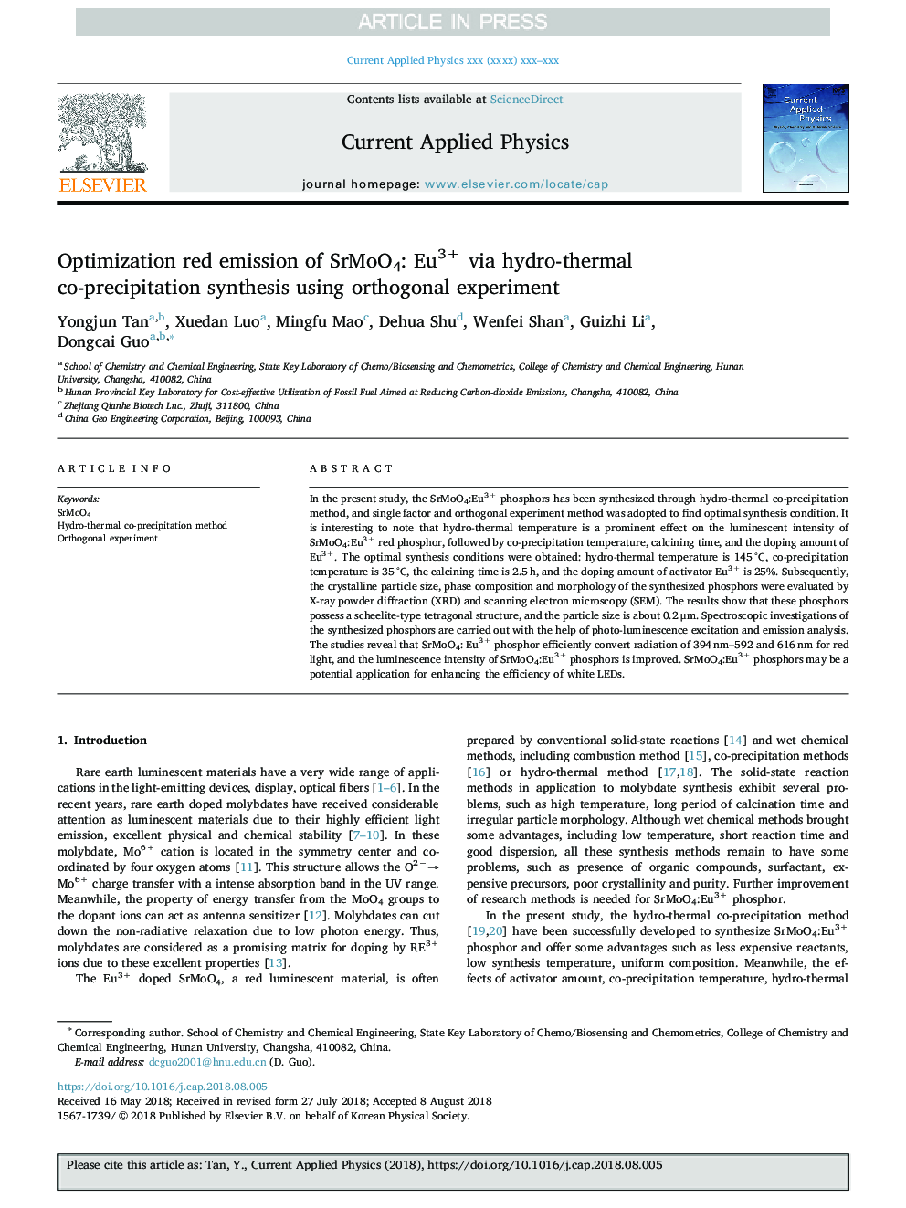 Optimization red emission of SrMoO4: Eu3+ via hydro-thermal co-precipitation synthesis using orthogonal experiment