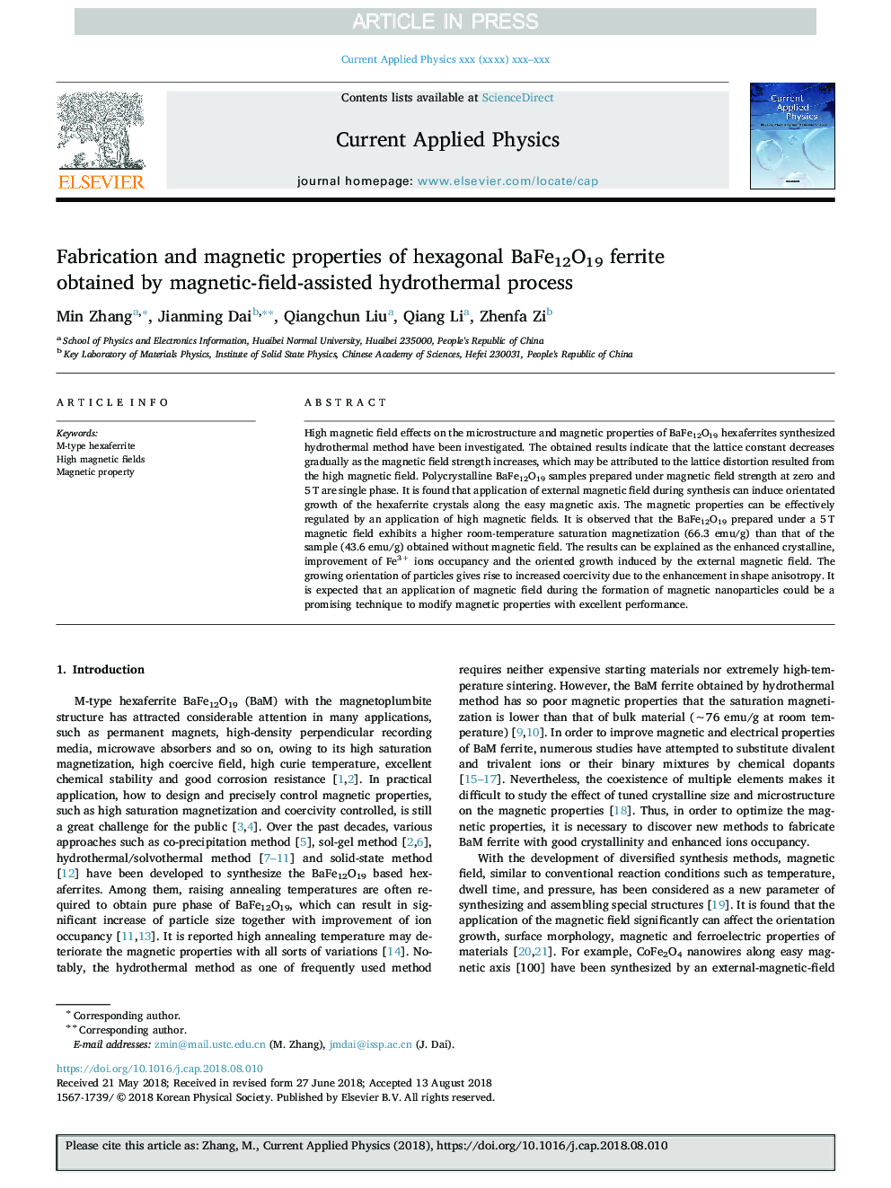 Fabrication and magnetic properties of hexagonal BaFe12O19 ferrite obtained by magnetic-field-assisted hydrothermal process