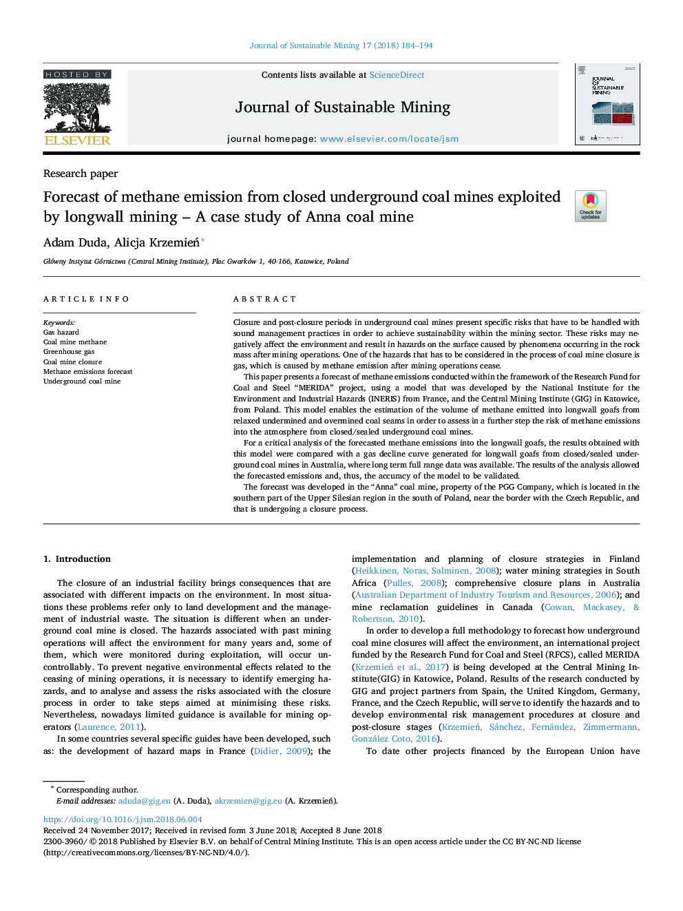 Forecast of methane emission from closed underground coal mines exploited by longwall mining - A case study of Anna coal mine