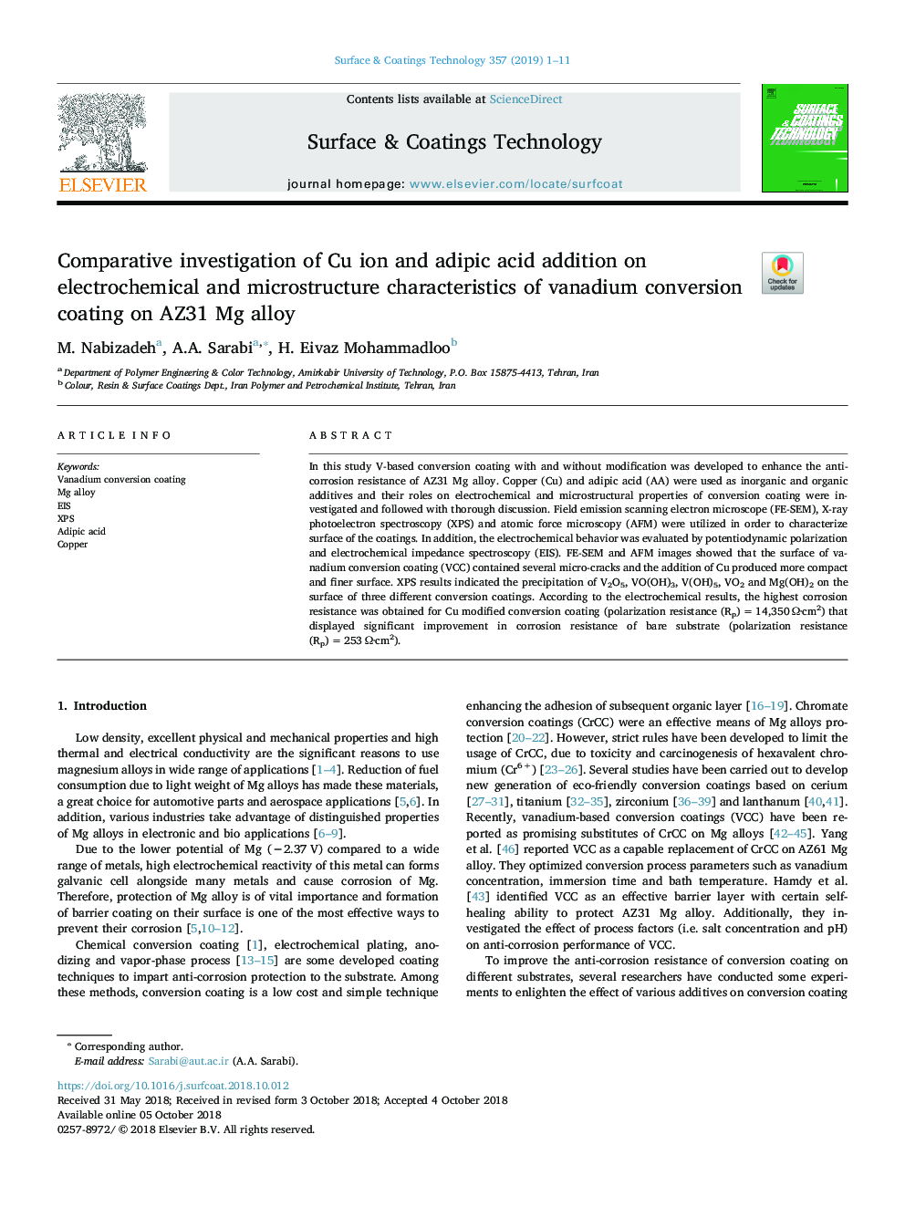 Comparative investigation of Cu ion and adipic acid addition on electrochemical and microstructure characteristics of vanadium conversion coating on AZ31 Mg alloy