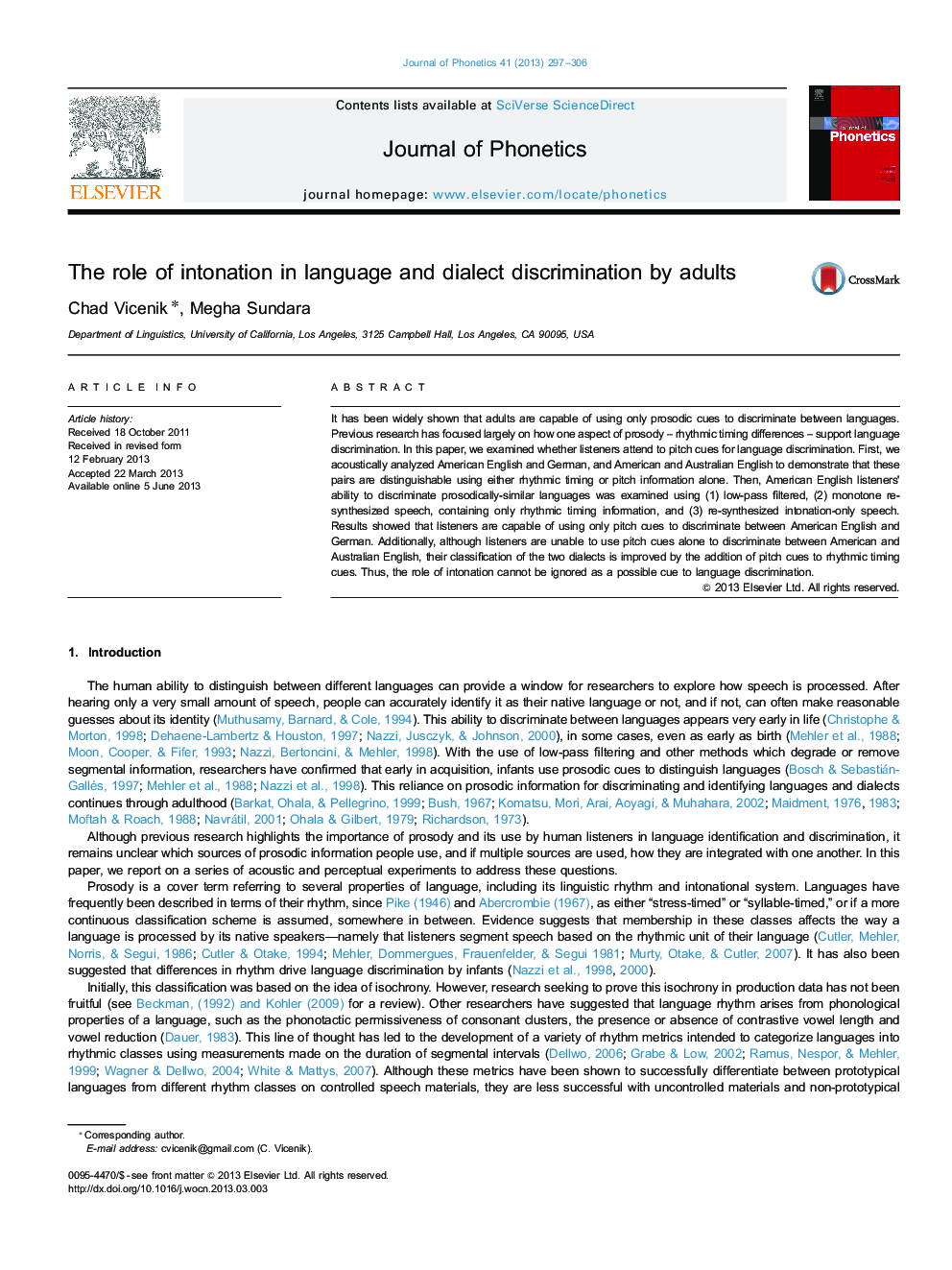 The role of intonation in language and dialect discrimination by adults
