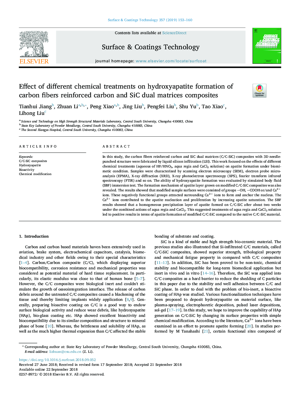 Effect of different chemical treatments on hydroxyapatite formation of carbon fibers reinforced carbon and SiC dual matrices composites