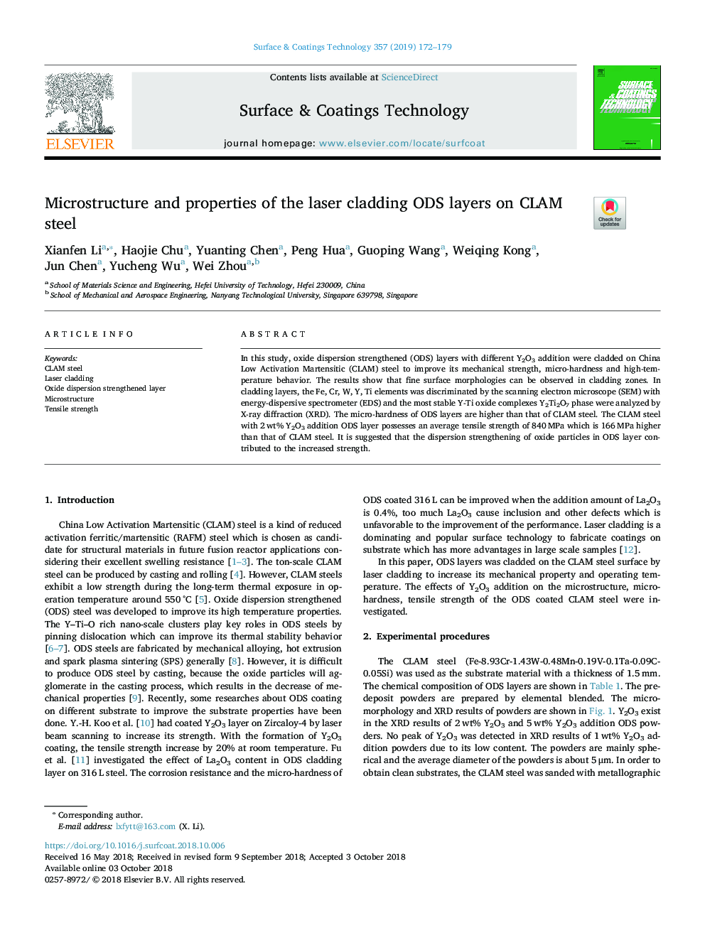Microstructure and properties of the laser cladding ODS layers on CLAM steel