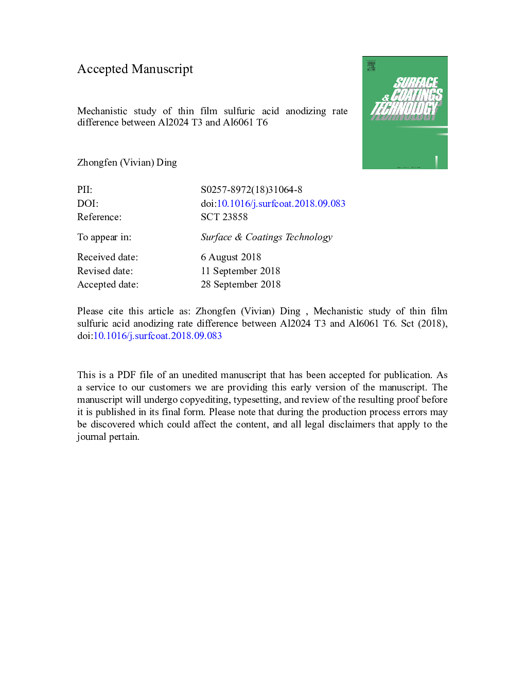 Mechanistic study of thin film sulfuric acid anodizing rate difference between Al2024 T3 and Al6061 T6