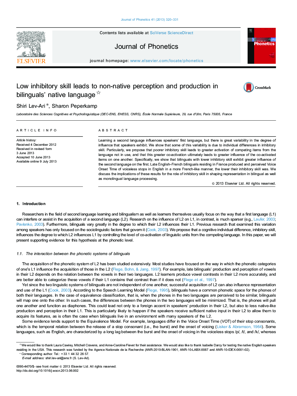 Low inhibitory skill leads to non-native perception and production in bilinguals’ native language 