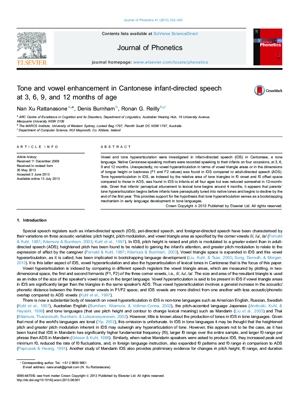 Tone and vowel enhancement in Cantonese infant-directed speech at 3, 6, 9, and 12 months of age