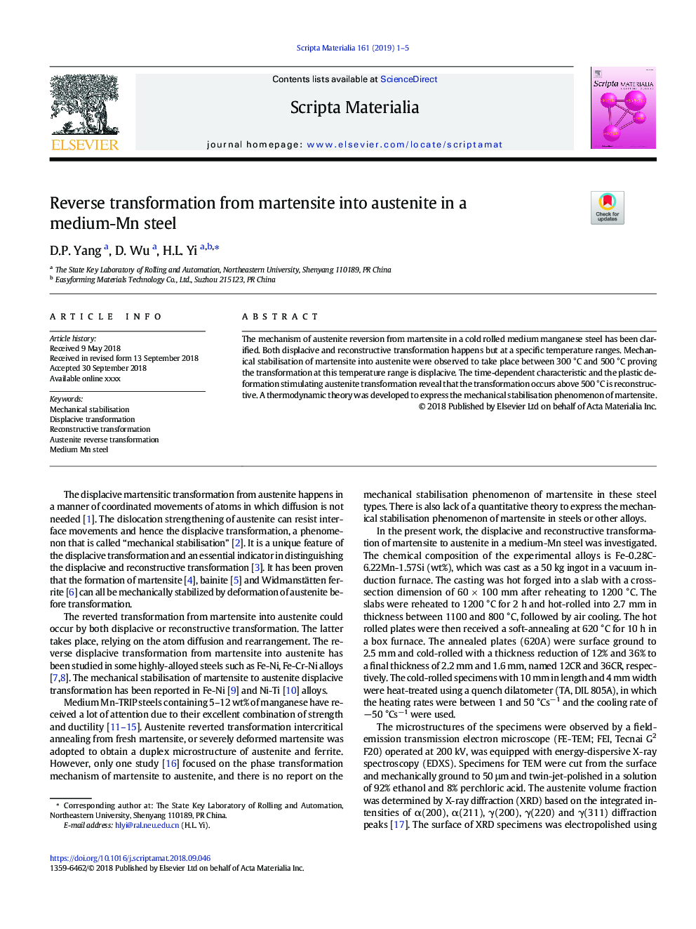 Reverse transformation from martensite into austenite in a medium-Mn steel