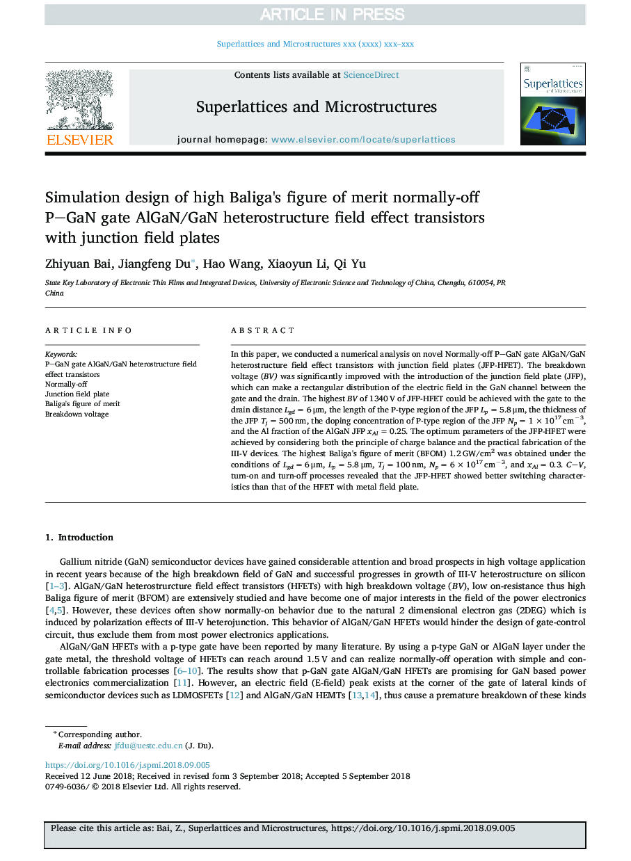 Simulation design of high Baliga's figure of merit normally-off PGaN gate AlGaN/GaN heterostructure field effect transistors with junction field plates